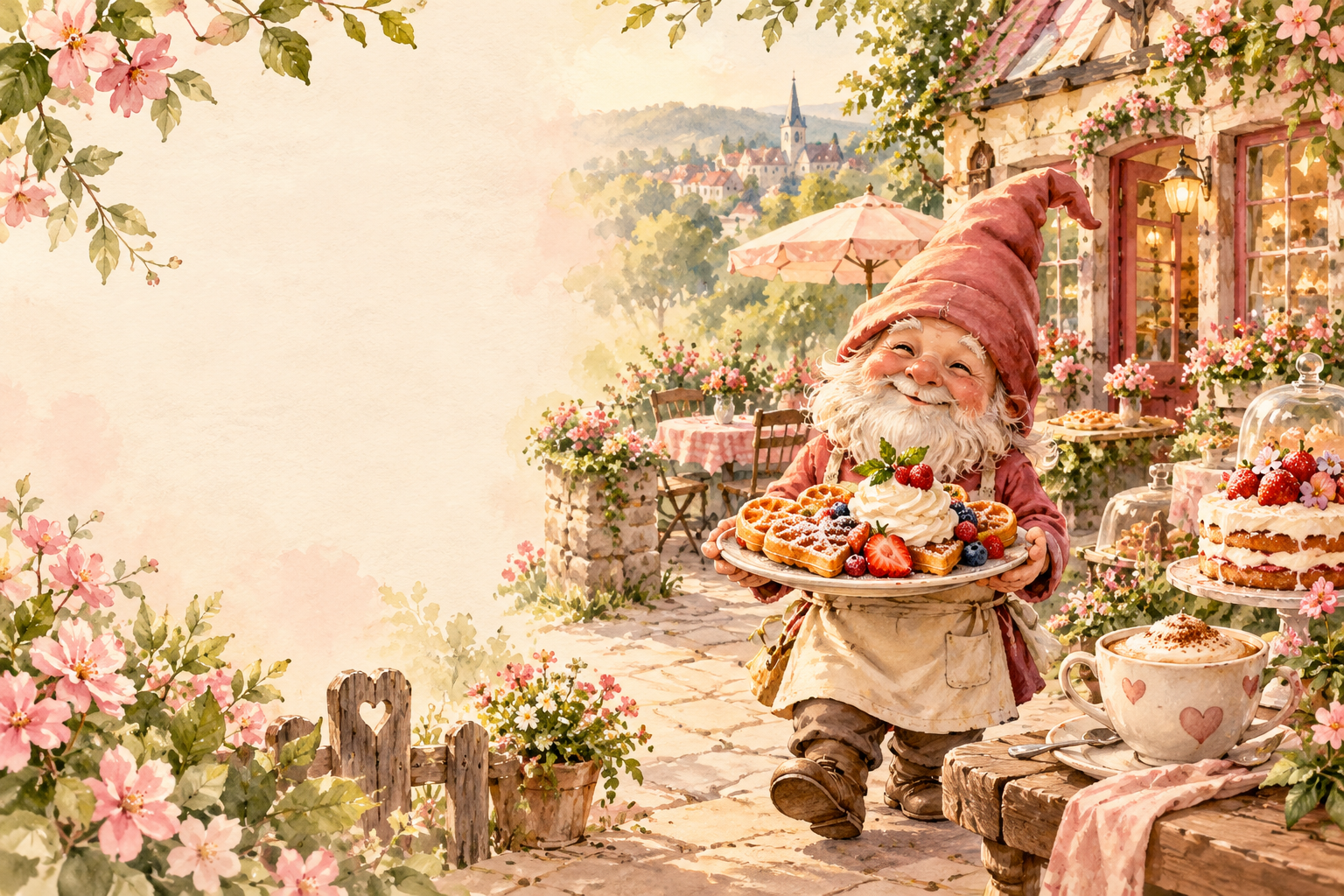 Märchenhafte Aquarellillustration: ein freundlicher Zwerg serviert Waffeln und Kuchen vor einem blumengeschmückten Café